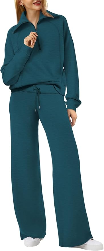 XIEERDUO Lounge Sets For Women 2025 Half Zip Sweatshirt And Wide Leg Sweatpant 2 Piece Outfits Sweatsuit Tracksuit