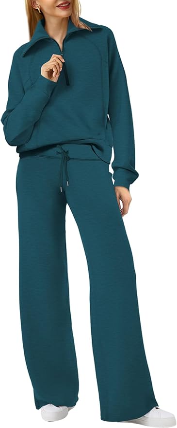 XIEERDUO Lounge Sets For Women 2025 Half Zip Sweatshirt And Wide Leg Sweatpant 2 Piece Outfits Sweatsuit Tracksuit