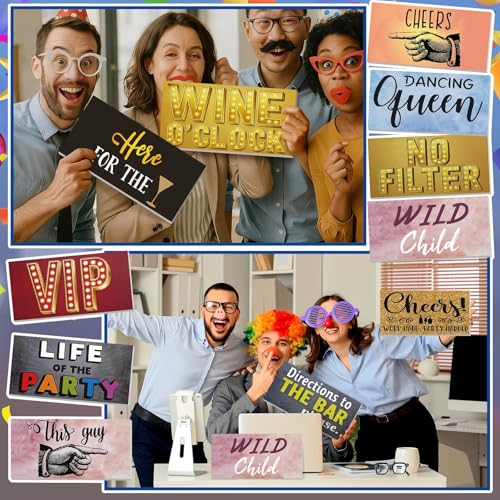 Beeveer 24 Designs Photo Booth Props for All Occasions Photo Booth Sign Decorations for Various Party Double Sided 11.02x...