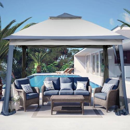GDY 11x11 Pop Up Canopy Tent, Outdoor Canopy with Netting, Outdoor Gazebo for Backyard, Tent with Wheeled Cover Bag, Blue.