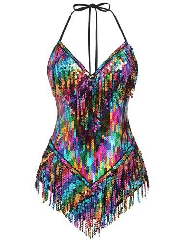 IBAKOM Sexy Sequins Fringe Bodysuit Halter Lace Up Back Jazz Latin Dance Tassel Leotard Acrobat Costume Rave Concert Outfits