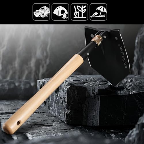 MASTIFF GEARS WWII M38 Military Style Folding Shovel - 1050 Steel, Nordic Beechwood Handle, Axe/Hammer, MOLLE Sheath for C...