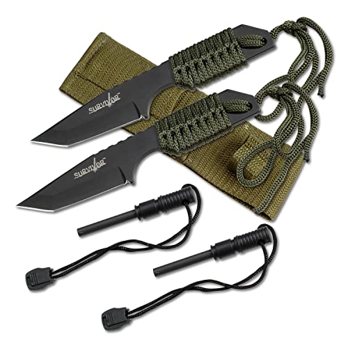 SURVIVOR Fixed Blade Outdoor Knife, Black Tanto Blade, Cord-Wrapped Handle, 7-Inch Overall (2Pack)