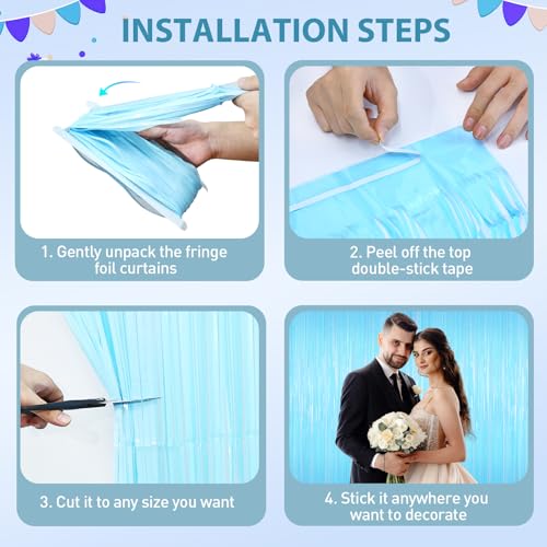 Macaron Light Blue Tinsel Backdrop Foil Fringe Curtains - 2 Packs Door Streamers Backdrop for Birthday Door Decorations, P...