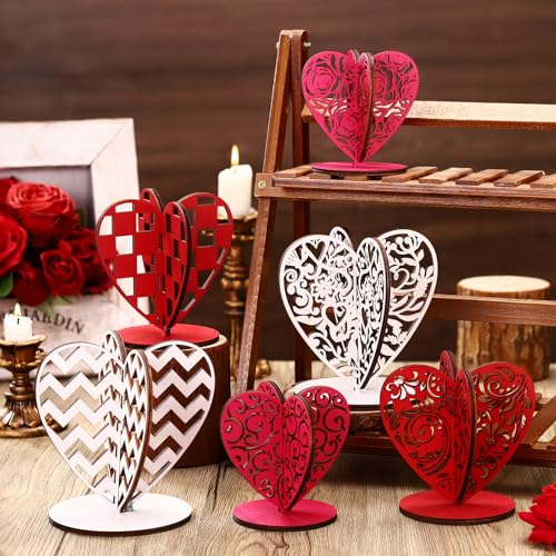 Soaoo 12 Pcs Valentine's Day Table Decor Wooden Valentines Decorations Heart Shaped Tabletop Centerpiece Sign Farmhouse Ho...