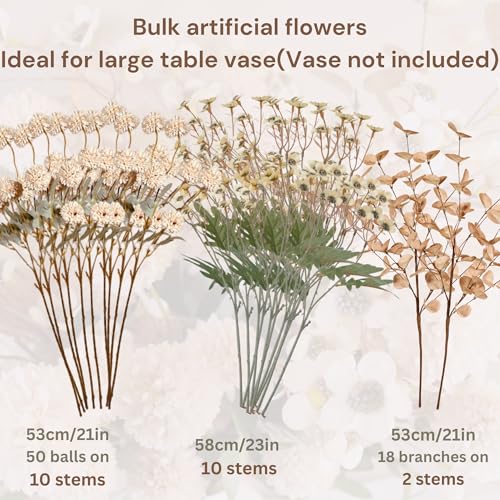 Beige Silk Flower Arrangements Home Decor, Large Floral Centerpieces For Tables, 22 Long Stems Fake Mums + Eucalyptus + Wi...
