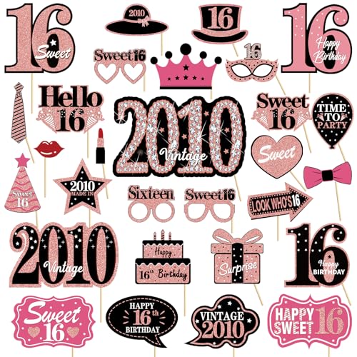 16th Birthday Decorations for Girls, Black Rose Gold Sweet 16 Photo Booth Props Sweet 16 Party Decorations Selfie Props Vi...