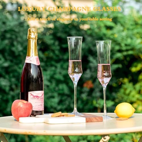 Champagne Flutes Set of 6 - Hand Blown Crystal Champagne Glasses With Long Stem - 7 oz Elegant Sparkling Wine Stemware - U...
