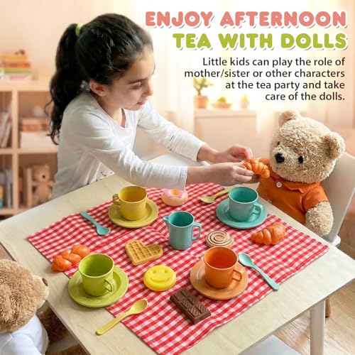 HERSITY Picnic Basket Toys for Toddlers, Kids Play Tea Sets with Teapot Tea Cup Dessert Food and Mat, Pretend Play Kitchen...