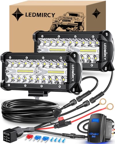 LEDMIRCY 7 Inch LED Light Bar Kit with Rocker Switch Wiring Harness 2PCS LED Pod Lights Triple Rows White Spot Flood Combo...