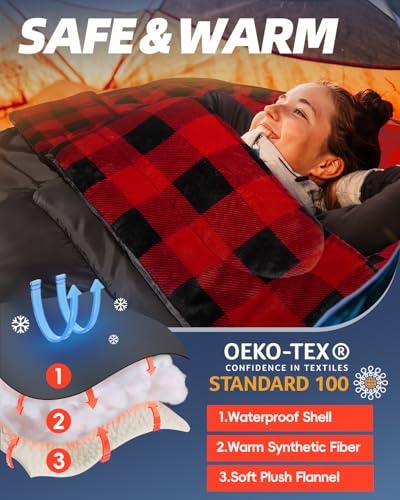 MEREZA Flannel Double Sleeping Bag for Adults Cold Weather, XL Queen Size Sleeping Bag for All Season 2 Person Big and Tal...