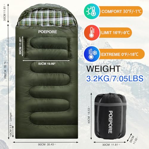 POEPORE Flannel Sleeping Bag Cotton 0 Degree Cold Weather for Adults XXL Wearable Sleeping Bag 4 Seasons Waterproof with C...