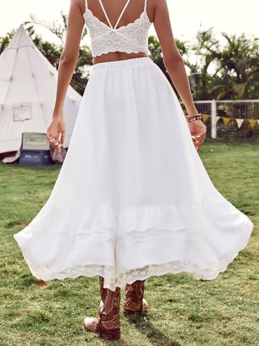 Verdusa Women's Western Boho Lace Ruffle Skirt Asymmetrical Country Cowgirl Skirts