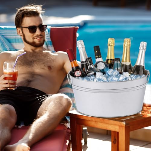 2pcs Galvanized Ice Buckets, 7.2 Gallon Large Galvanized Tub with Carry Handles, Ice Bucket for Parties, Mimosa Bars, Beve...