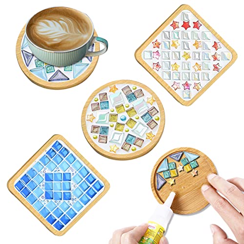 WATHFKCU 4 Sets DIY Glass Mosaic Tiles for Crafts,Mixed Color Mosaic Kits with Wooden Coaster for Adults,Mosaic Crafts Mat...