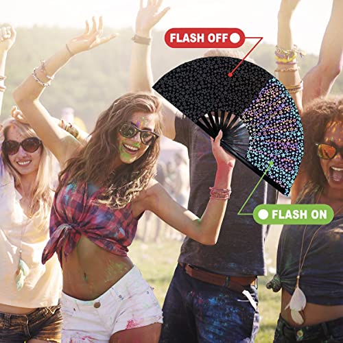 OMyTea Reflective Rave Hand Fan Foldable for Women/Men/Drag Queen - Large Clack Festival Folding Hand Fan - for EDM, Music...