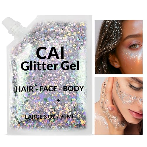 Face, Body & Hair Glitter Gel – Halloween Glitter for Kids and Women – 3 Oz Cosmetic-Grade Gel w/Moon & Stars for Festival...