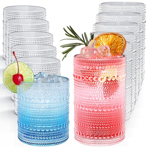 Vintage Hobnail Drinking Glasses Set of 12, 12 oz Highball Glasses & 10 oz Cocktail Glasses, Embossed Glass Cups, Clear Wa...