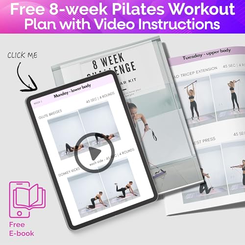 Portable Pilates Bar Kit with Resistance Bands (20, 30, 40, 50 LB) - 8 Week Video Program - Premium Quality Home Equipment...