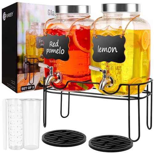 Drink Dispenser,2PACK Glass Drink Dispensers for Parties,1 Gallon Beverage Dispenser with Stand, Stainless Steel Spigot Le...
