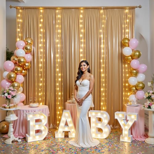 Hanging Bulbs 10x10FT Champagne Sequin Backdrop Curtain with String Lights – 2 Panels of 5x10FT Wrinkle-Free Shimmer Drape...