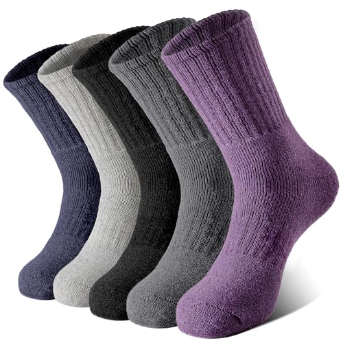 Pleneal Merino Wool Hiking Socks for Men, Thick Thermal Warm Winter Crew Boot Cushion Wicking Socks 5 Pairs for Cold Weather