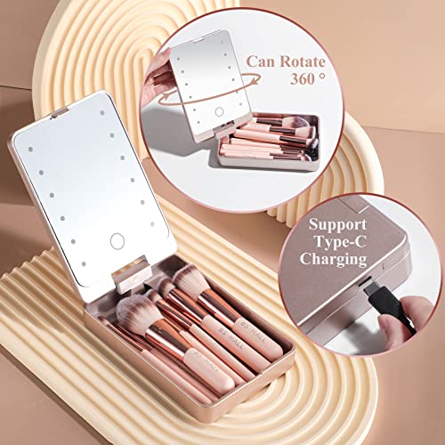 BS-MALL Makeup Brushes Foundation Powder Concealers Eye Shadows Makeup Set with LED light Mirror 14 Pcs Mini Makeup Brushe...