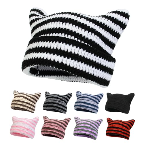 Women Beanie Warm Winter Hats Vintage Beanies Hat Cute Cat Ears Hats Winter Warm Knitted Stripe Accessories Slouchy Headgear