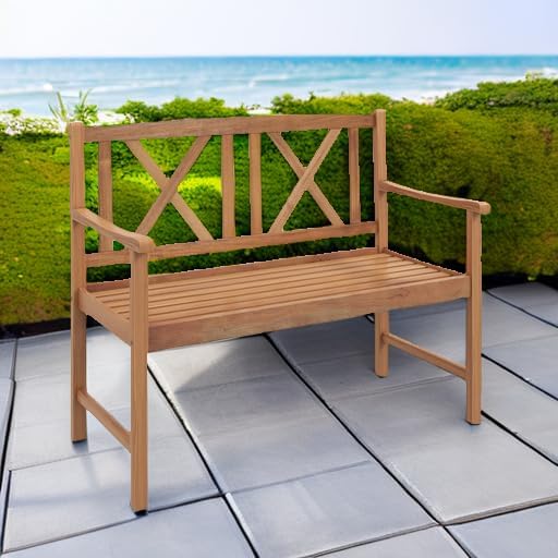 Tangkula Patio Acacia Wood Bench, 2-Person Outdoor Loveseat Chair, Cozy Armrest & Backrest, Sturdy Acacia Wood Frame, Outdoor Slatted Seating Bench for Backyard, Garden, 800 lbs Max Load
