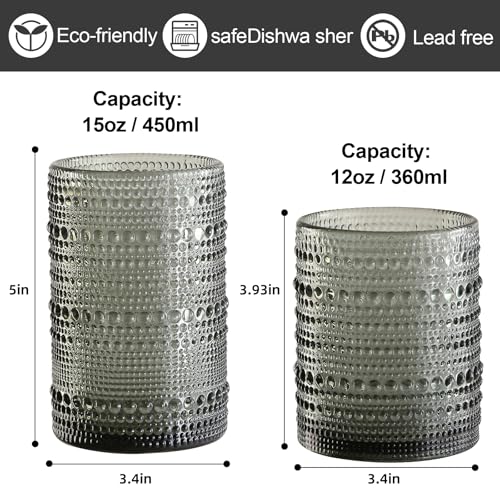 ZMOWIPDL Vintage Hobnail Drinking Glasses Set of 8,Grey 12 oz & 15oz Highball Glass Cups, Kitchen Drinkware Glassware,Embo...