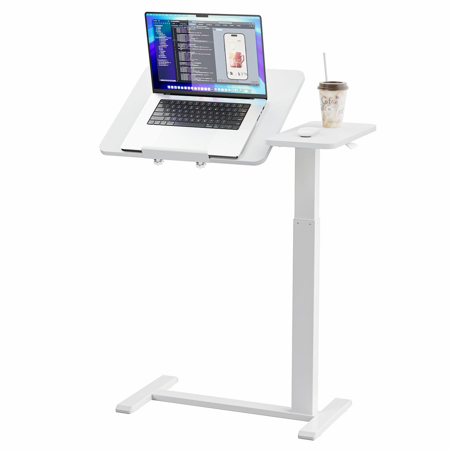 Ywin Adjustable Tilt Overbed Bedside Table with Wheels Pneumatic Moveable Bed Desk Tilt-Top Laptop Desk Moveable Rolling Computer Table for Home Office Hospital Use