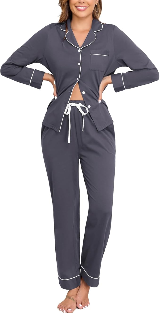 Veseacky 100% Cotton Pajamas for Women Set Long Sleeve Button Down Sleepwear Soft Pjs Lounge Sets with Pockets XS-XXL