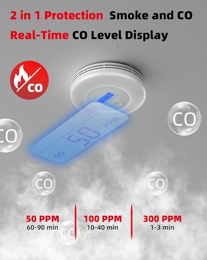 KIMROG 10-Year Sealed Battery 2-in-1 Smoke & Carbon Monoxide Detector Alarm | Home/Garage Combo CO & Smoke Alarm Detector with Backlit LCD Display & V-0 Flame-Retardant Housing(2-Pack)