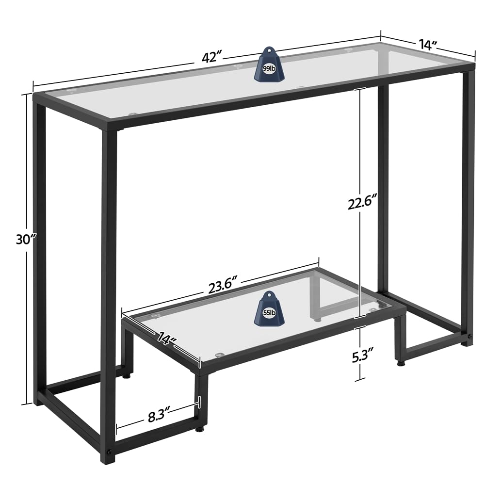 Yaheetech 42 Inch Console Table, Tempered Glass Entryway Table, 2-Tier Sofa Tables with Storage Shelves, Entrance Tables for Hallway Living Room, Black