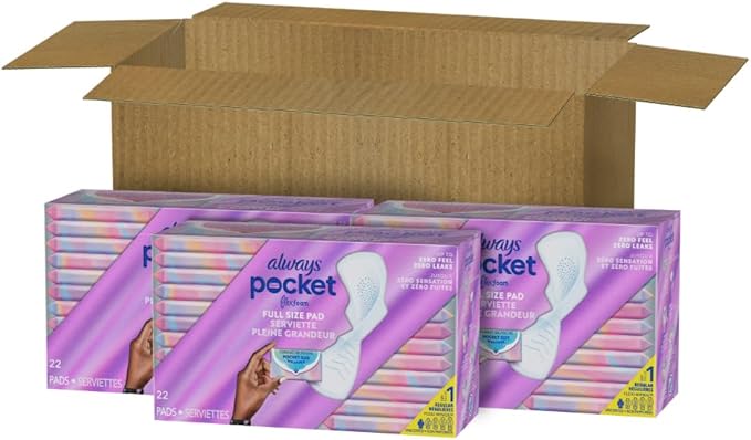 Always Pocket Feminine Pads with FlexFoam, Size 1, Regular, with Wings, Unscented, 66 Count (3 Packs of 22)