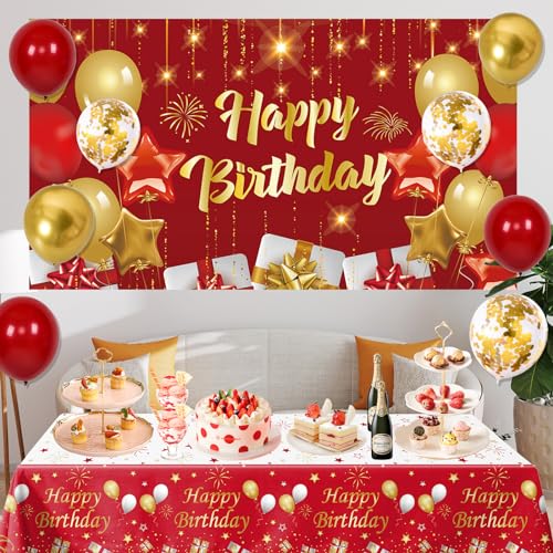 Red and Gold Birthday Decorations for Women Men Girls Boys, 72pcs Red and Gold Party Decorations Happy Birthday Backdrop B...