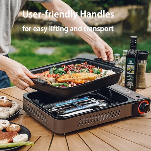 ONLYFIRE OUTDOOR LIVING Portable Propane Gas Stove with Grill Pan and Lid, Butane Camping Stove Instant Ignition for Patio...