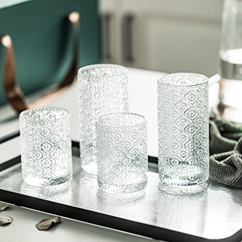 SoulTimes Glass Cups Vintage Glassware Set of 4, Drinking Glasses 12.5oz, Embossed Pattern Style Transparent Cocktail Glas...