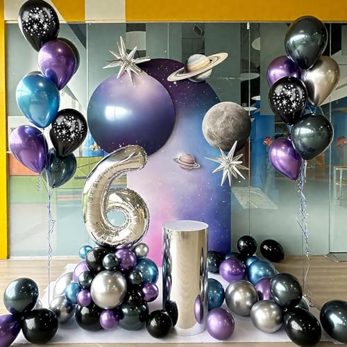 Galaxy Space Balloons, 12 Inch Navy Blue Metallic Blue Purple Silver Black Star Print Balloons with Silver Star Foil Ballo...