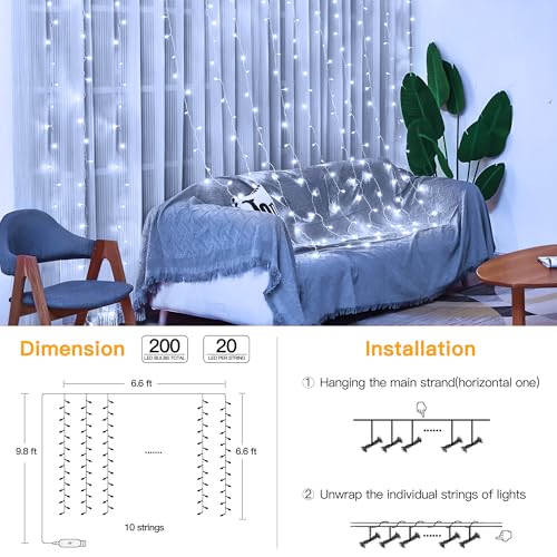Ollny Curtain Lights 6.6x6.6ft, 200 LED White Christmas Lights with Remote 8 Modes Dimmable Timer, USB Power String Light ...