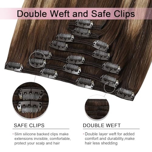 Pro2.0 Clip in Hair Extensions Real Human Hair 120g Thick 7pcs Color #4/27/4 Chocolate Brown to Caramel Blonde Remy Real Human Hair Extensions Clip ins 14inch Double Weft£¨#4/27/4-14inch£©