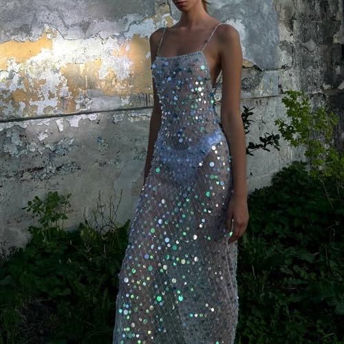 Eofnengsohio Women's Sequin Sheer Maxi Dress Spaghetti Straps Backless Slit Sparkle See-Through Mesh for Beach Clubwear