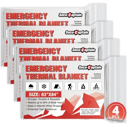 SecuCaptain Survival Emergency Thermal Blankets: Extra Large 84” x63” Space Mylar Blanket Kit for Outdoor Cold Winter Camp...