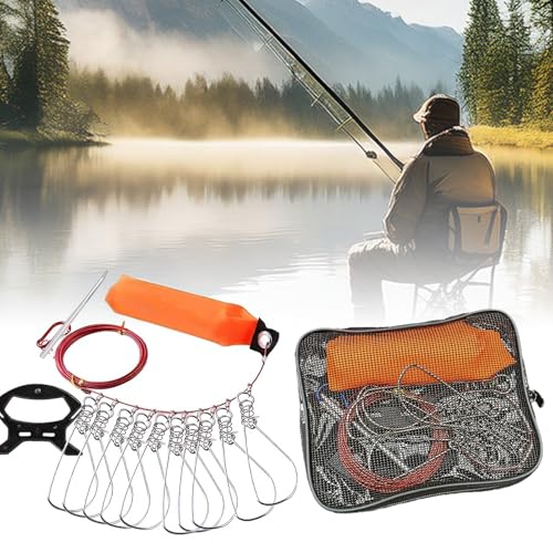 Fishing Stringer with Float and Plastic Handle, Live Fish Lock with 10 Stainless Steel Buckles, Big Fish Wire Rope Cable a...