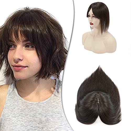 Hairro Human Hair Toppers With Bangs Clip In Remy Topper Hairpiece For Women Silk Base Clip On Toupee With Wispy Air Bang For Thinning Hair Loss 10 Inch 33g #2 Dark Brown