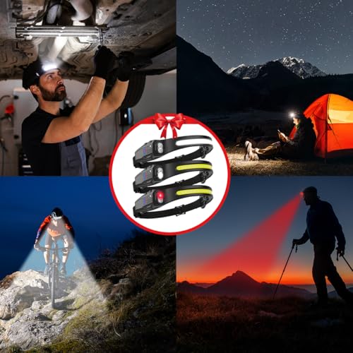Headlamp Rechargeable 3Pack, 230° Wide Beam LED Headlamp, 7Mode Headlamps for Adults, Head Lamp with Motion Sensor, Red Li...