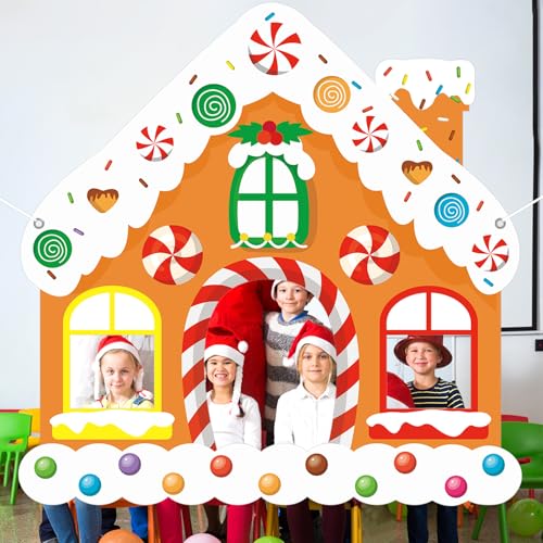 Large Christmas Gingerbread House Photo Booth Props - Fabric Backdrop, Door Banner Decorations for Winter Xmas Holiday Par...