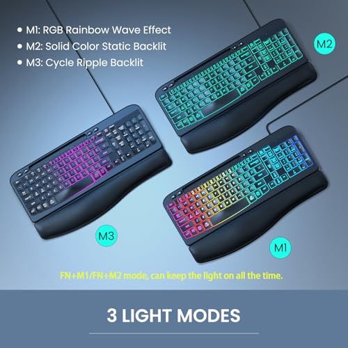 VEILZOR Wired Ergonomic Keyboard, 7-Color Backlit USB Computer Keyboard with Wrist Rest, Wave Keys, Phone Holder, Lighted ...