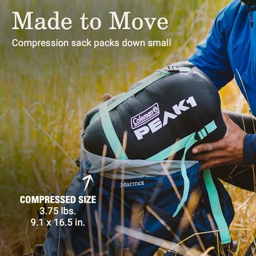 Coleman PEAK1 0 Degrees Fahrenheit 1 Person Nylon Mummy Sleeping Bag with Integrated Sleeping Sysem and Water Repellent Sh...