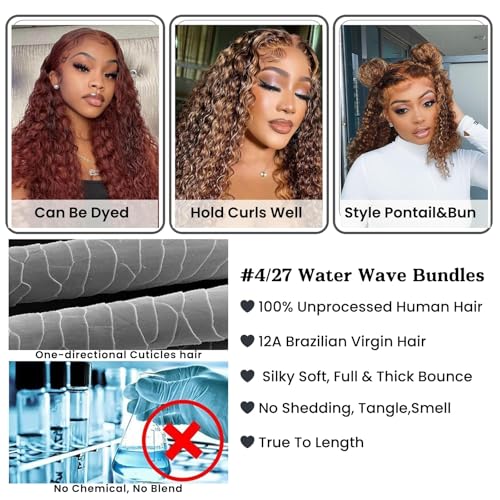 ALHER Honey Blonde Highlight Water Wave Bundles 26 Inch P4/27 Ombre Single Bundles Wet and Wavy Bundles Human Hair Highlight Brown Color 12A 100% Brazilian Virgin Remy Hair for Black Women Soft Thick